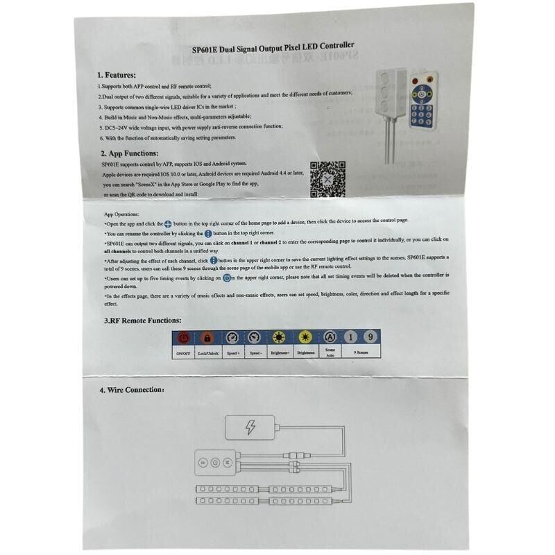 SP601E Çift Çıkışlı Bluetooth RF APP Pixel Led Kontrol Cihazı 2*600IC