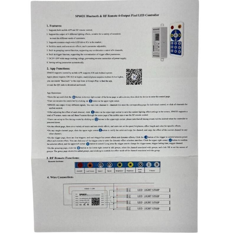 SP602E 4 Kanallı Pixel ARGB Led Müzik Kontrol Cihazı Kumanda + Bluetooth APP Kontrolü