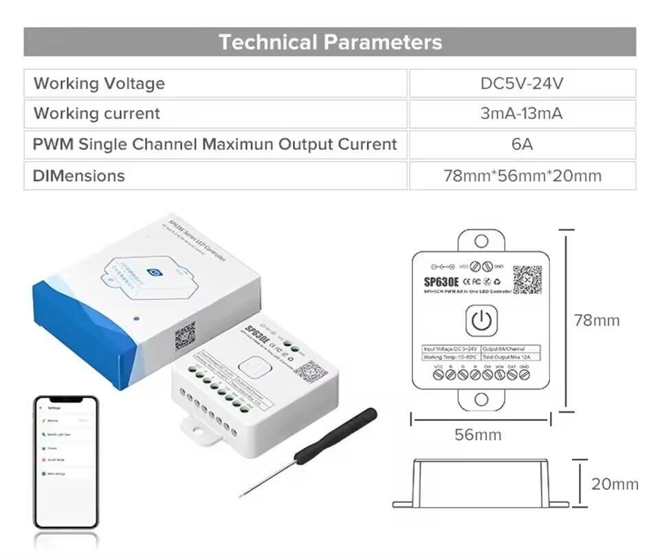 SP630E Bluetooth Müzik Pixel Şerit Led + 5 Kanal RGBW+WW Led Kontrol Devresi 5-24V